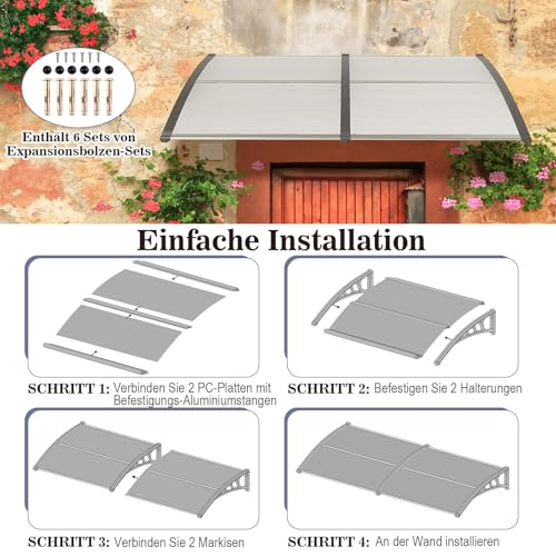 FANTASK Modernes Haustür Vordach 199x99 cm, Wetterfest & UV-beständig, Aluminium & Polycarbonat Überdachung, Stilvolles Design für den Eingangsbereich (Silber)