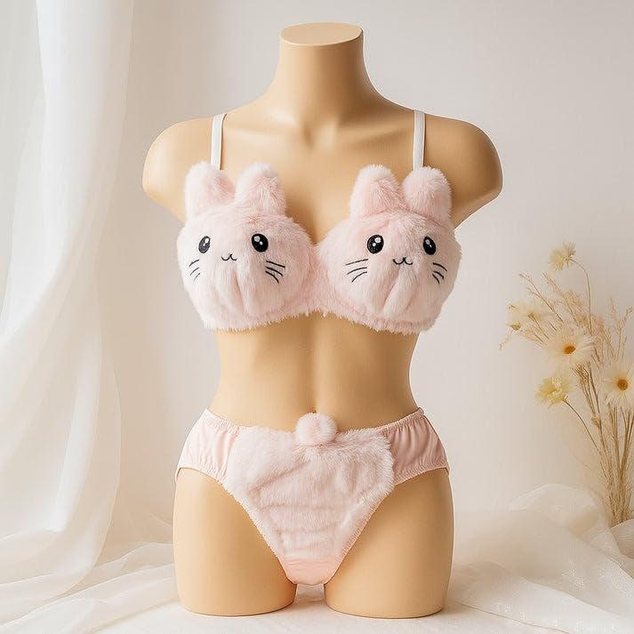 Image of Cute Kawaii Lingerie Set - Plush Kitty Design Adorable Bra and Panty Set in Soft Pink and Cream - Cosplay Lingerie Honeymoon Date Night Couple Gift Sexy Lingerie for Women