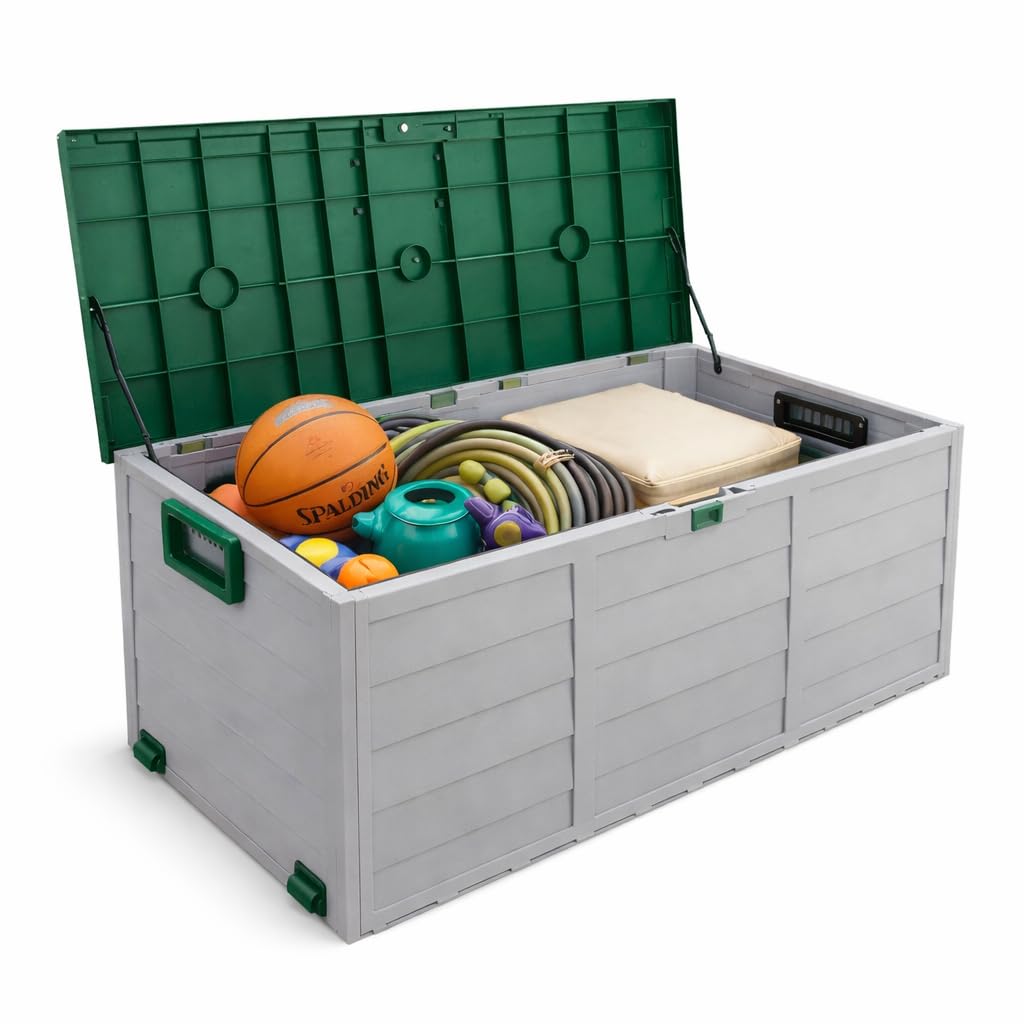 Way Betta Green 290L Outdoor Garden Storage Plastic Box Chest Tools Cushions Toys Lockable Seat Weather Resistant Durable Garden Storage Box, Outdoor Storage Containers Patio Deck Boxes Cabinet With Handles (Green)