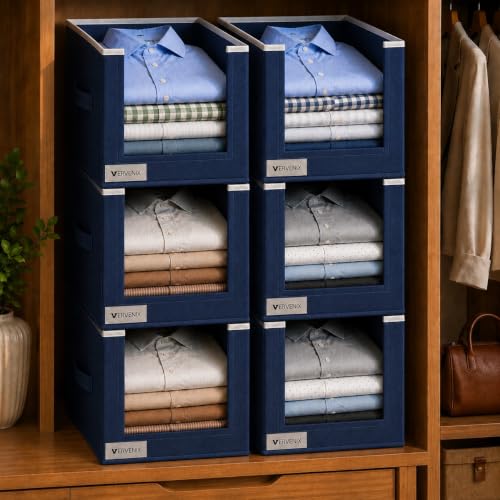 Image of VERVENIX Shirt Stacker Set of 6, Non Woven Foldable Clothes Storage Organizer with Handle, Wardrobe Closet Organizer, Space Saving Cloth Organizer for T-Shirts, Shirts, Jeans, Blue