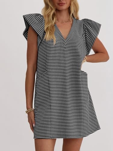 Striped V-Neck Mini Dress for Women Puff Sleeve Casual Dress with Pockets, Comfortable & Stylish for Summer3