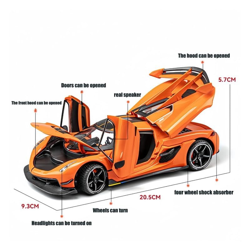 Image of 1:24 Koenigseggg Jesko Sport Alloy Metal Pull Back Die-cast Car Openable Doors and Light Music Toy Car for Kids (1:24 Koenigsegg - Orange)