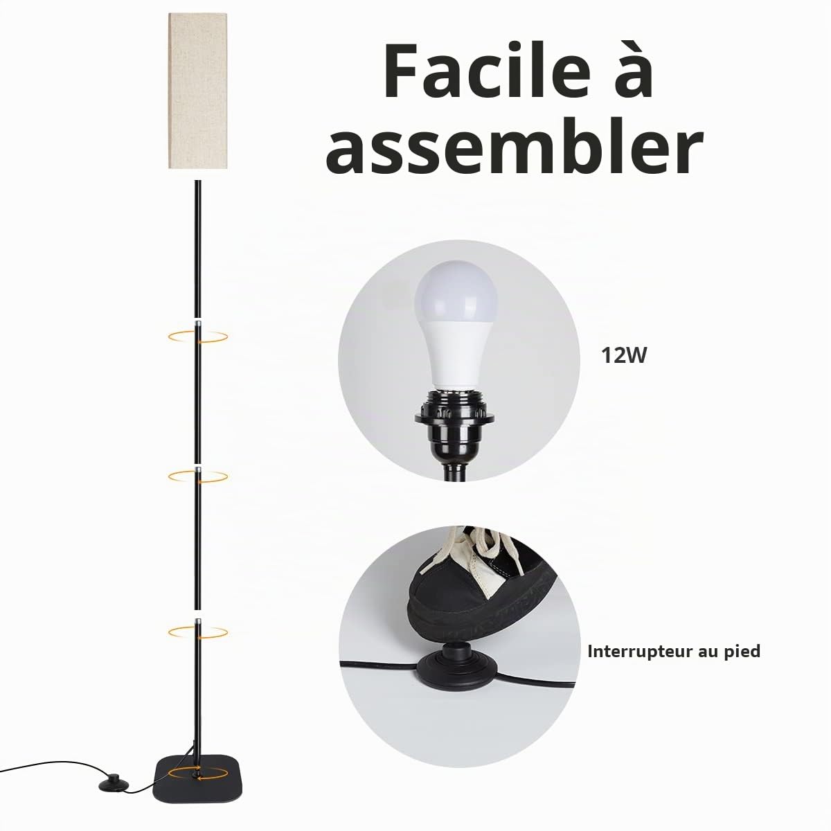 IPARTS EXPERT Lampadaire LED Réglable 3 Temp dimmable LED，67" haut | Réglable, design épuré. Parfait pour lecture, chevet, salon, chambre, bureau.