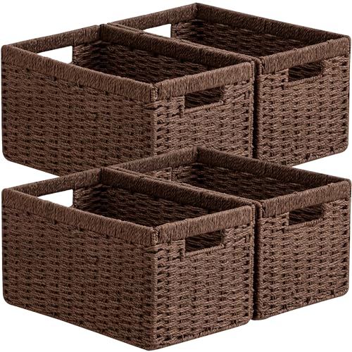 joybest Cestas de almacenamiento de mimbre marrón oscuro, cestas rectangulares de mimbre con asas integradas, cestas de cuerda de papel para organizar, paquete de 4