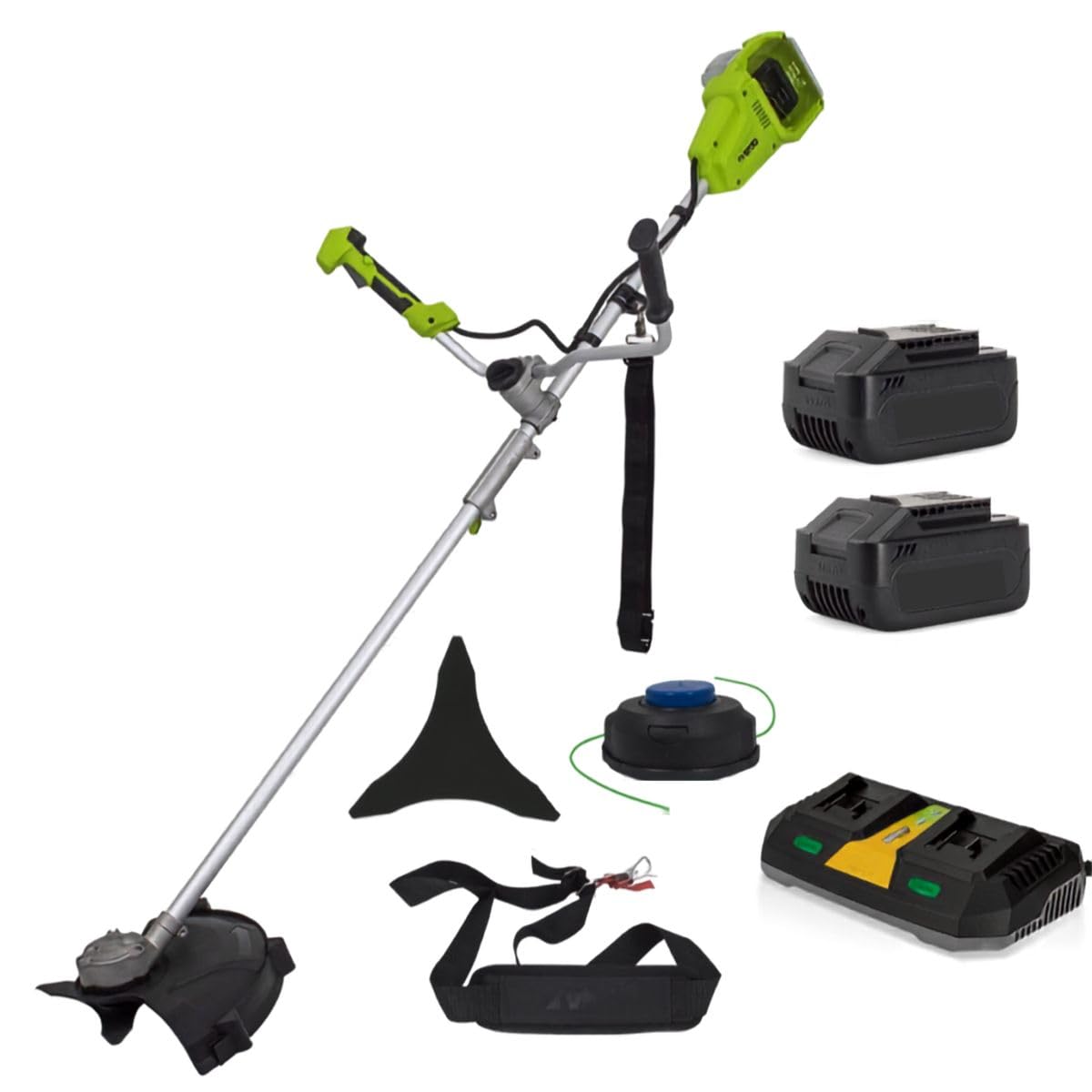 VITO – Desbrozadora y corte borde 40 V + 2 baterías de litio 3 Ah hoja Ø 250 mm + bobina de cable + cargador doble