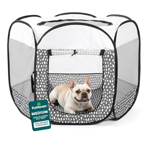 Image of FurHaven Soft-Sided Dog & Cat Playpen, Portable Foldable Indoor & Outdoor Pet Playpen with Mesh Windows & Zippered Door, Gray Pebbles, Medium