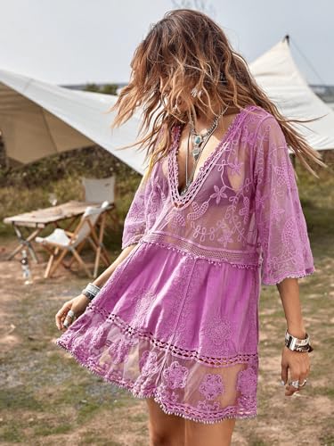 Image of Eomenie Women's Contrast Lace Bathing Suit Cover Up V-Neck Swimsuit Coverups Loose Swimwear Beach Dress Beachwear
