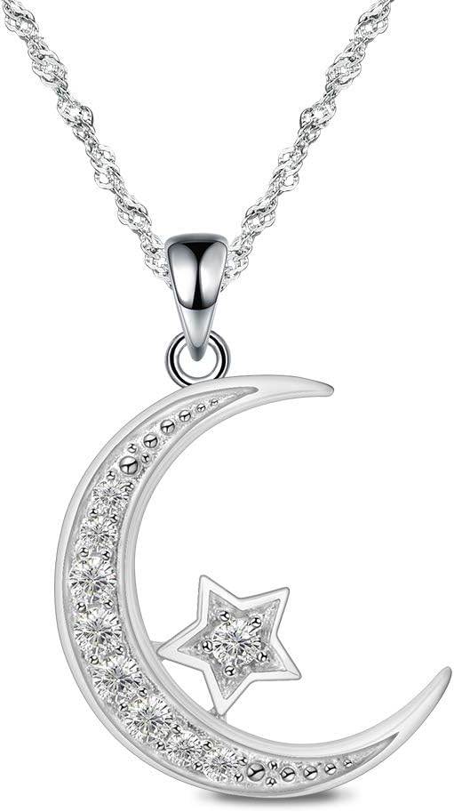 Sterling Silver Crescent Moon Star Necklace Cubic Zirconia Jewelry for Teen & Women Ladies Dainty 18" Chain