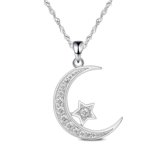 Sterling Silver Crescent Moon Star Necklace Cubic Zirconia Jewelry for Teen & Women Ladies Dainty 18" Chain