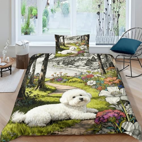 Juego De Cama Estampado Bichon Frisé En 3D Juego De Funda Nórdica Flores del...