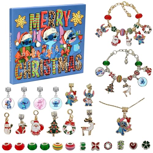 LAISU Adventskalender Schmuck Charms Mini DIY Bastelset mit Cartoon Armbänder Halsketten und Anhänger Weihnachtskalender Kleine Geschenke mit 24 Countdown Überraschungen für Mädchen & Junge Frauen