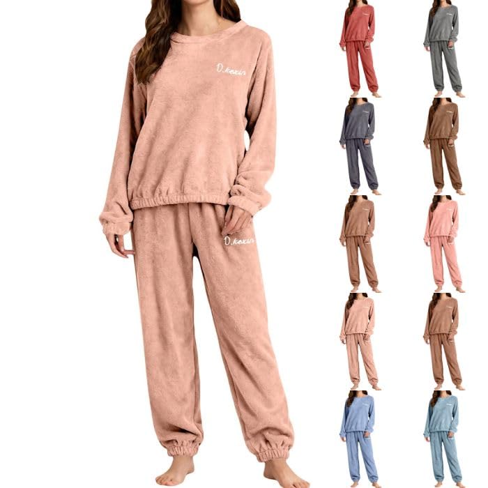 Pajamas for Women Set 2 Piece Cozy Flannel Pajama Soft Cute Lounge Sets Light Pink 2XL - image 1