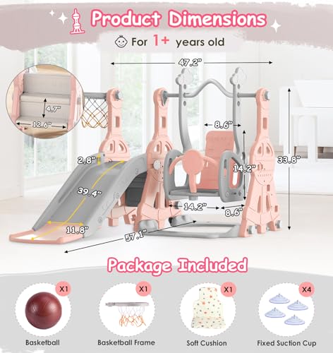 BIERUM 4 in 1 Toddler Slide and Swing Set, Baby Slide for Toddlers Age 1-2, with Basketball Hoop, Indoor Outdoor Toddler Playset Pink - Thumbnail 6