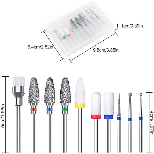 Miniatura 7 de Fantexy Juego de 10 brocas de cerámica para uñas, 332 pulgadas, profesional de carburo de tungsteno, acrílico, herramientas de arte de uñas para