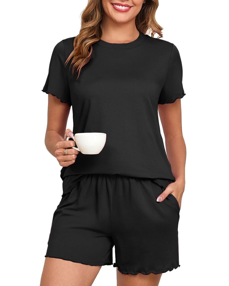 PrinStory Schlafanzug Damen Pyjamahose Mit Tasche Und Rundkragen Kurz T-Shirt Sommer Lässig Nachtwäsche Loungewear Sleepwear