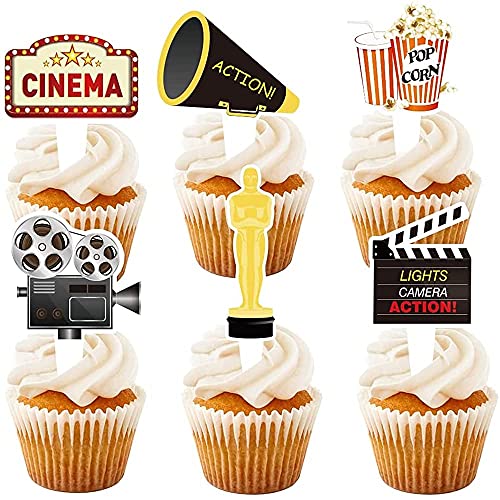 24Pcs Movie Night Cupcake Toppers,Hollywood Party Theme Cake Topper For Boys Girls Birthday Movie Party Cake Food Decoration Supplies #TOP1