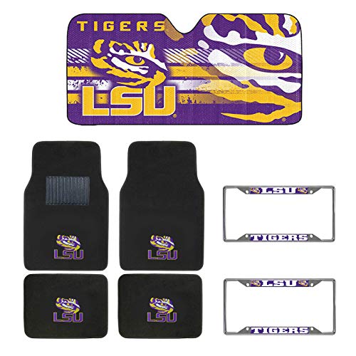AAC FANMATS NCAA Carpet Floor Mats Bundle with License Plates and Sunshade for LSU Tigers Fans Officially Licensed(7 Items)