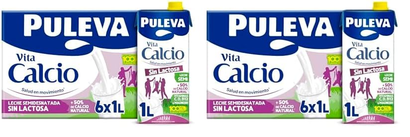 Leche Puleva Vita Calcio Semidesnatada sin Lactosa brik 1L - Caja 6 litros (Paquete de 2)