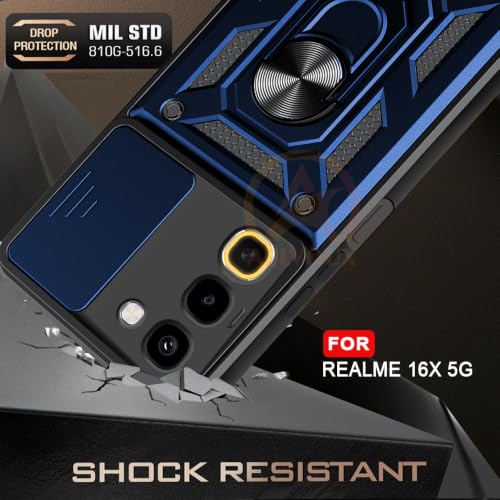 Image of Armor Bumper Back Cover Case for Realme 16X 5G Rotating Camera Cover, Ring Holder & Kickstand | Heavy Duty & 360 Degree Protection Back Cover for Realme 16X 5G (Blue)