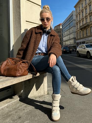 Image of Wedge Sneakers for Women Heels Suede Hook and Loop High Heel Tennis Round Toe Triple Strappy Band Casual Vintage Fashion Dressy Comfy Campus Trendy Retro Sneaker