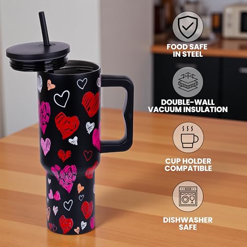 Image of Tumbler with lid and Straw 1200ML Cup Stainless Steel Vacuum Insulated Tumbler for Water, Iced Tea or Coffee 1.2L Office Gym Travelling (Black Heart)