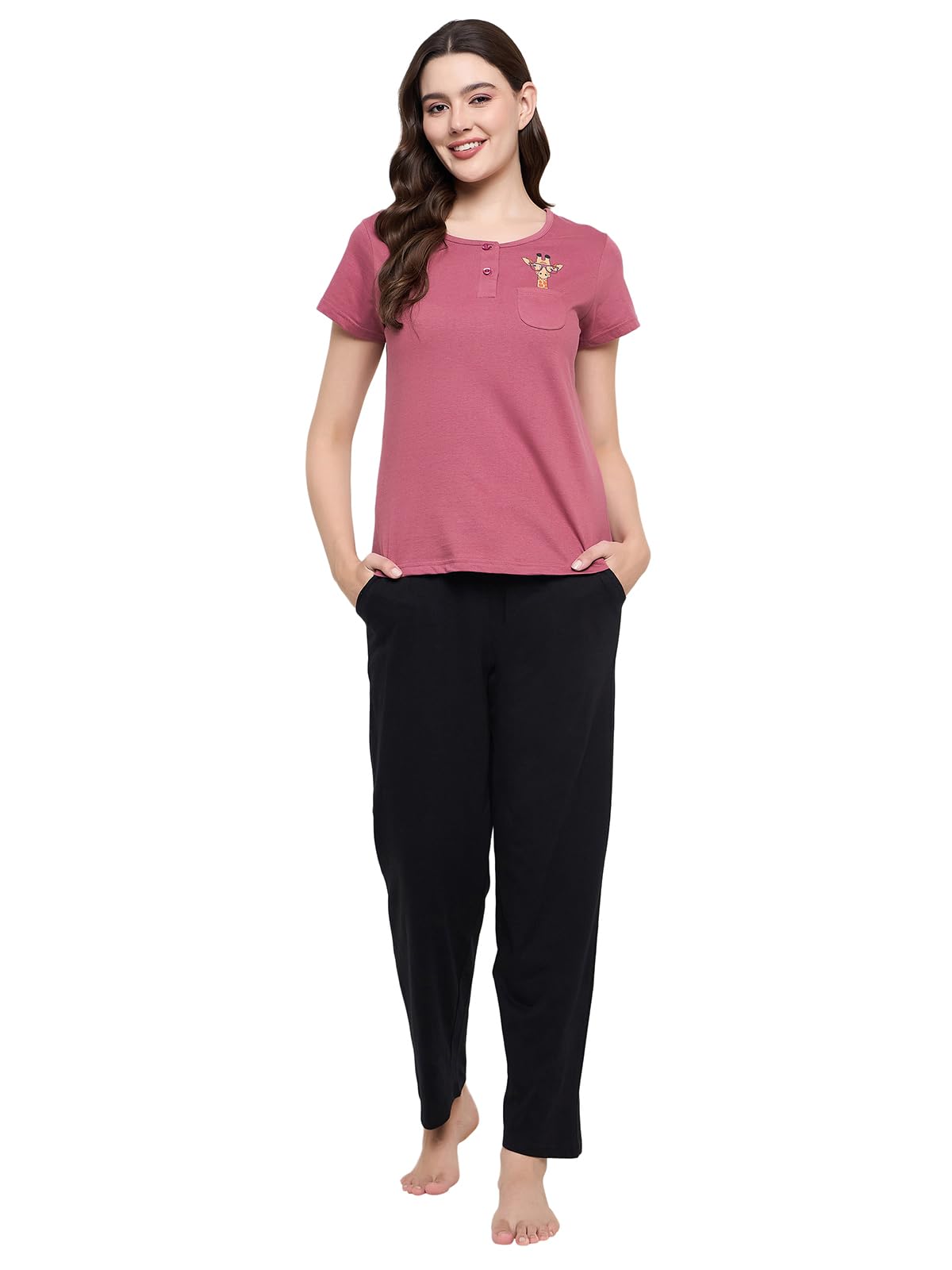 clovia Women's Cotton Printed Top & Basic Pajama Set-Purple-picture-16