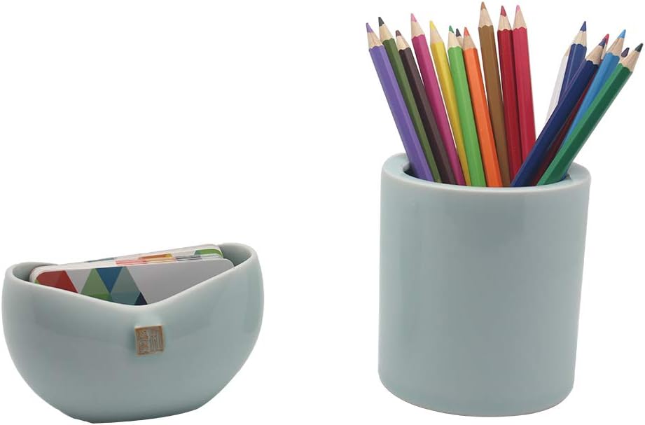 BangQiao Ceramic Business Name Card Display Stand Holder and Large Porcelain Decorative Pencil Cup, Desktop Office Supplies Set Organizer, Cyan Color, Pack of 2