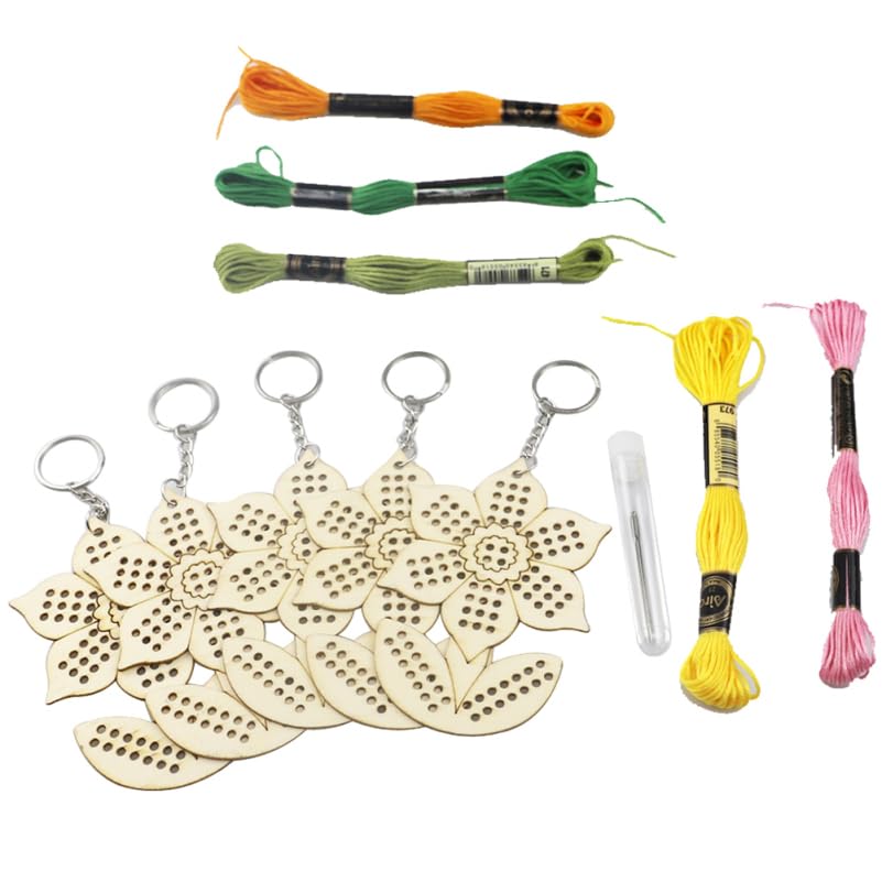 Image of TEHAUX Sunflower Cross Stitch Kit Wooden Keychain DIY Embroidery Needlepoint Set with Cotton Thread for Christmas Decoration and Craft