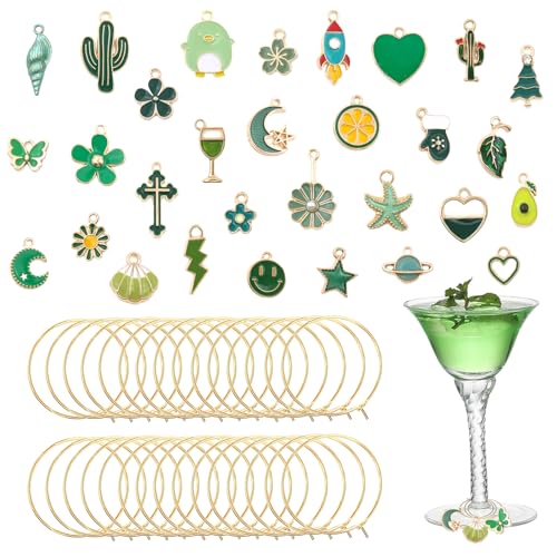 Silars Segnabicchieri Ciondoli di Colorato, 30pz Ciondoli per Calici da Vino Segna Bicchieri Calici Marcatori di Bevande, Identificatori di Vetro, Forniture per Feste (Verde)