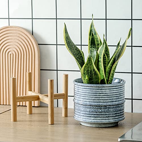 Koov Mid Century Planter, 7 Inch Plant Pot With Stand, Ceramic Planter Pots Indoor, Large Flower Pots Indoor, Ceramic Pots For Plants Indoor With Drainage, Large Plant Pots Indoor, Stripe Series, Blue #TOP4