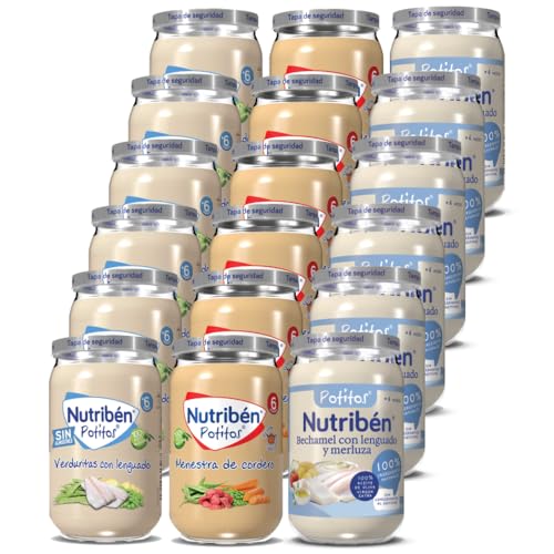 Nutribén Pack de 18 Menestra de cordero | Verduritas con Lenguado| Bechamel con Lenguado y Merluza | Sin Azúcares Añadidos - Sin Gluten, Huevo, Leche - Desde los 6 Meses - 18 x 235gr