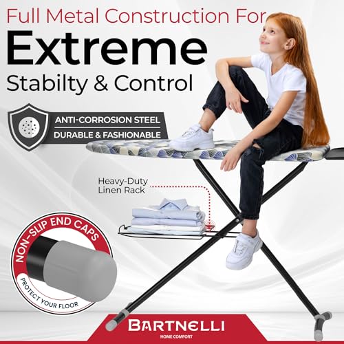 Bartnelli Pro Ironing Board | Italian Crafted, Extra-Wide Full Size Iron Board, Adjustable Height, Reflective Heat Technology for 50% Faster Ironing, Sturdy Arch-T Legs, Sturdy Steam Station Iron Rest