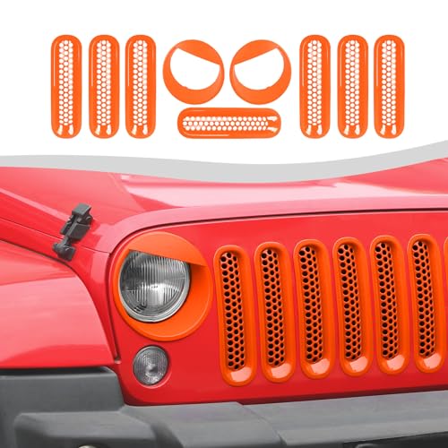 Image of Mesh Grille Grill Insert+ Headlight Turn Light Cover Trim Fit for 2007-2018 Jeep Wrangler JK JKU Style A(Orange)