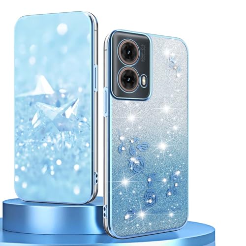 BORYA Silicona Funda para Motorola Moto G85 5G, Ultradelgado Antigolpes Carcasa, Suave TPU Estuche, Elegante Galvanoplastia Brillo Flores Caso con Tarjeta Gradiente, Azul