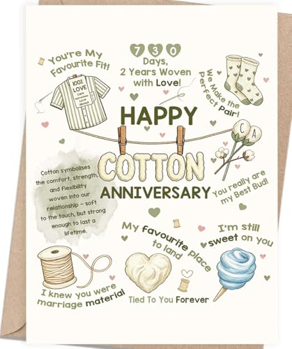 Asmallgf Funny 2nd Anniversary Card Gifts for Women Men, Cute Two Year Cotton Wedding Anniversary Card for Husband Wife Him Her, Romantic Anniv Decoration for Date Night