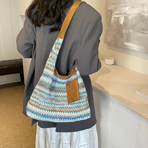 Image of Gogobear Women's Woven Beach Shoulder Handbag Colorful Straw Tote Bag | Summer Vacation Crossbody Bag, Lightweight Fashionable Tote Shoulder Handbag