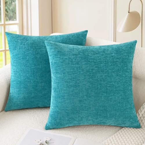 Image of CaliTime Throw Pillow Covers Decorative 24 X 24 Inches Pack of 2 Cozy Chenille Cushion Cases for Couch Sofa Bed Living Room Home Lake Blue