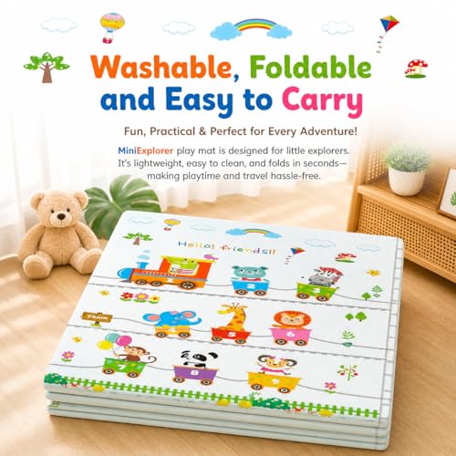 Image of MiniExplorer Double-Sided Waterproof Baby Floor Mat | Extra Large 6.5 x 4.5 ft | 8mm Thick Foam Play Mat | BPA Free, Foldable, Reversible Crawling & Tummy Time Mat for Babies & Kids - Alphabet & Train