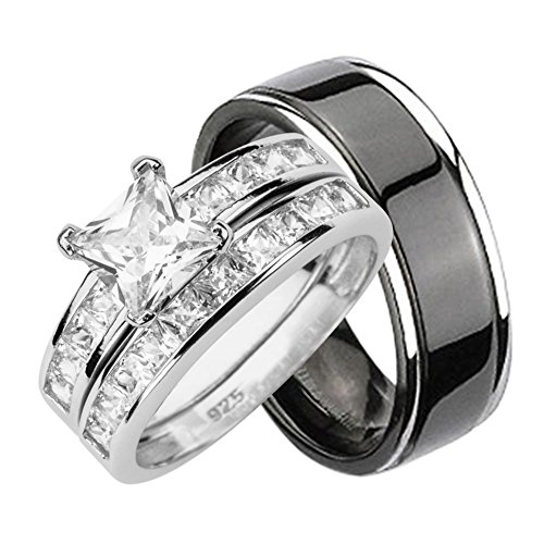 His and Hers Wedding Rings Set Sterling Silver Titanium Matching Bands for Him and Her