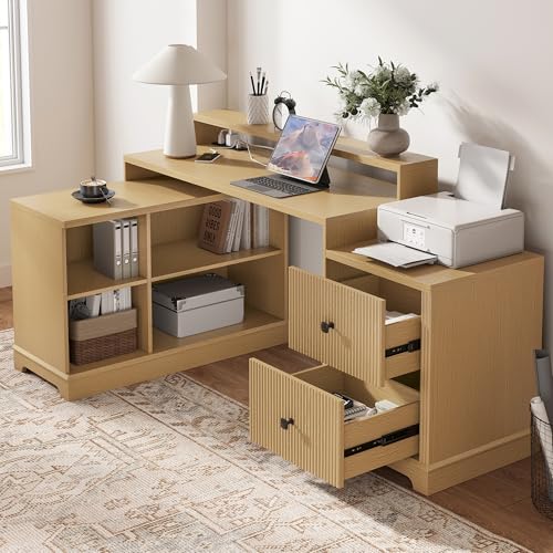 Image of 67 inch L Shaped Executive Desk with Drawers & Storage Shelf, Corner Computer Desk with Power Outlets, Home Office Desk with Monitor Stand, Printer Shelf, Computer Writing Desk for Work, Oak