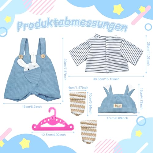 5 Stück Puppenkleidungs Set für 35–43 cm Baby Puppen, Kleidung Outfits für Babypuppen mit Hut T-Shirt, Latzhosen, Hose Socken & Kleiderbügel als Puppenzubehör, Geschenk für Jungen Mädchen(Keine Puppe)