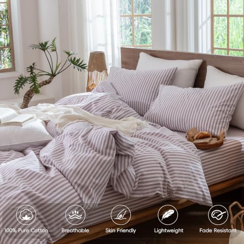 Image of MooMee Striped Duvet Cover Set 100% Washed Cotton Linen Like Queen | Relaxed Linen-like Texture. Soft, Breathable & Long-lasting Comfort. Lightweight. Hidden Zipper with 8 Interior Corner Ties