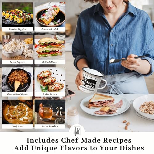Image of Ayerphalo Bacon Grease Container with Strainer - With Food-Grade Silicone Spatula, 24oz Enamel Rustic Farmhouse Fat Container, Keeper, Recipes, Dishwasher Safe