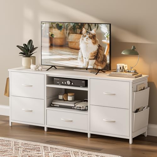 IKIFLY テレビ台 テレビボード 収納チェスト ロータイプ 棚付き 引き出し ローボード ポケット付き テレビラックワイドチェス 大容量 フック付き 32/40/50/55型対応tv台 可動棚 オープン収納 省スペース新生活 北欧 おしゃれ 総耐荷重150kg(幅120×奥行30×高さ50cm，ホワイト)
