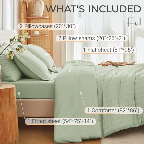 Image of MUXHOMO 7 Pieces Full Comforter Set, Seersucker Bed in a Bag Full Size, All Season Luxury Bedding Set with Comforter, Flat Sheet, Fitted Sheet, Pillowcases & Shams, Light Green