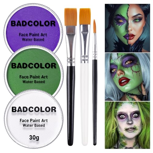 White Green Purple Face Body Paint Face Painting Kit with Brushes for Beetlejuice & Frankenstein Halloween Makeup Facepaints for Witch Ursula Maleficent Costume Cosplay & Monster Skeleton SFX Makeup
