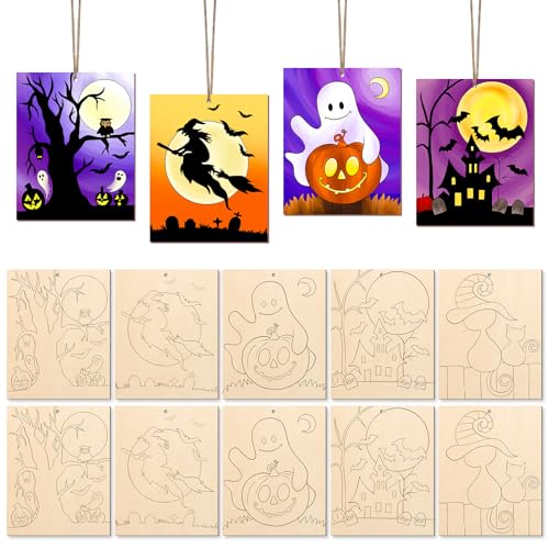 COCHIE 10PCS Large Halloween Unfinished Wood Crafts to Paint for...