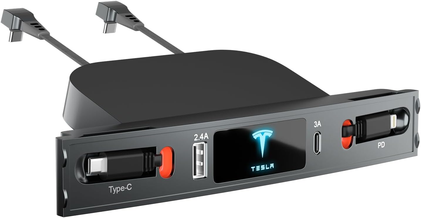 Tesla USB Hub for 2021 2022 2023 Tesla Model 3 Model Y, Multi-Port Retractable Hub Docking Station with Fast Charging Cable, Tesla Accessories Docking Station of Center Console for Model Y/3
