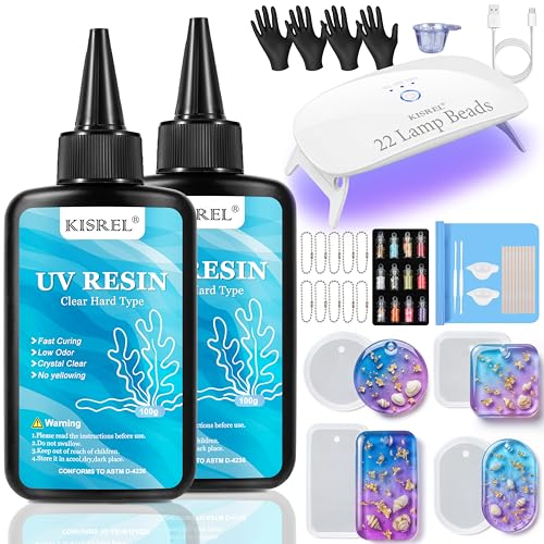 KISREL 200g UV Resin Kit with Light - Big 22 LED Beads Fast Curing Large UV Lamp Anti-Sticky Crystal Clear Hard Resina Starter Kit for Beginners Jewelry Crafts DIY