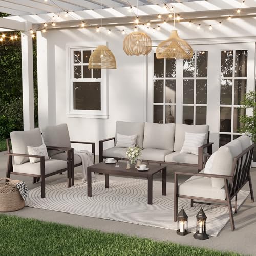 Image of 5-Piece Aluminum Patio Conversation Sets All-Weather Outdoor Furniture Sectional Sofa Modular Patio Set with 4'' Cushion Removable Covers for Porch Poolside Deck Balcony Yard